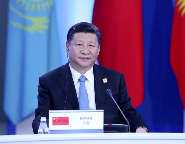 2017年6月9日，国家主席习近平在哈萨克斯坦首都阿斯塔纳出席上海合作组织成员国元首理事会第十七次会议并发表重要讲话。新华社记者 庞兴雷 摄