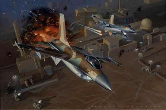 资料图片:艺术家绘制的1981年,以军战机空袭伊拉克核反应堆的艺术画。(图片来源于网络)