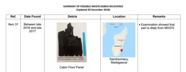 马来西亚官方：发现疑似地板碎片可能来自MH370