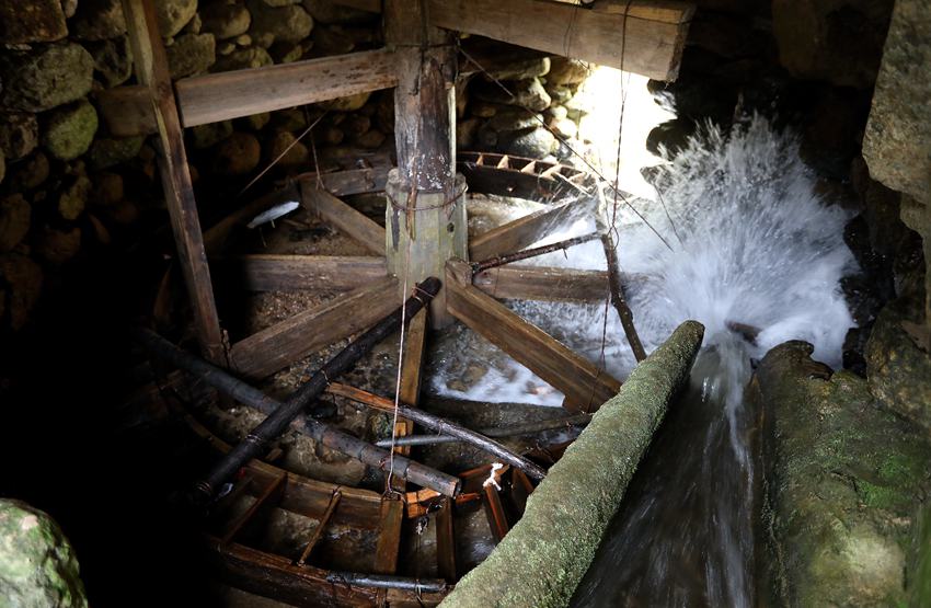 6  3月1日，位于桂黔交界的广西融水苗族自治县杆洞乡尧告苗寨，河水没着水槽冲击木水轮，带动碾石碾米。_副本.jpg