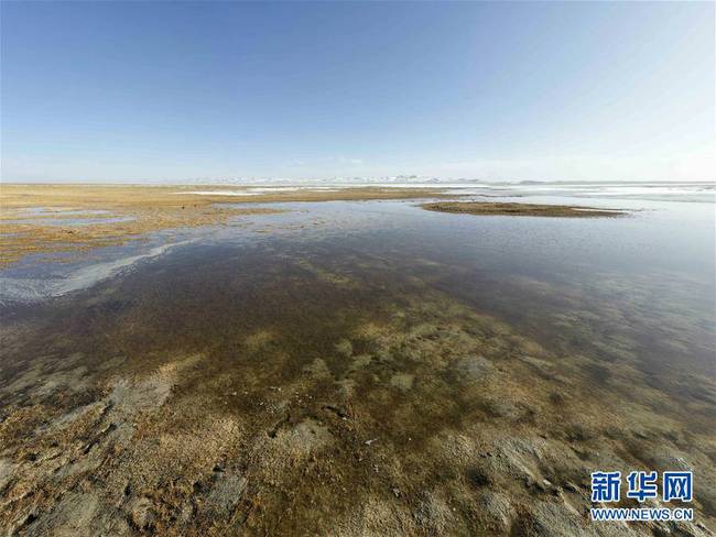 这是阿尔金山国家级自然保护区内的依协克帕提湖一角（拼接照片，4月2日无人机拍摄）。 新华社记者 胡虎虎 摄