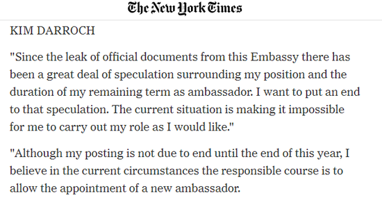  图为《纽约时报》刊登的达罗克的辞职信