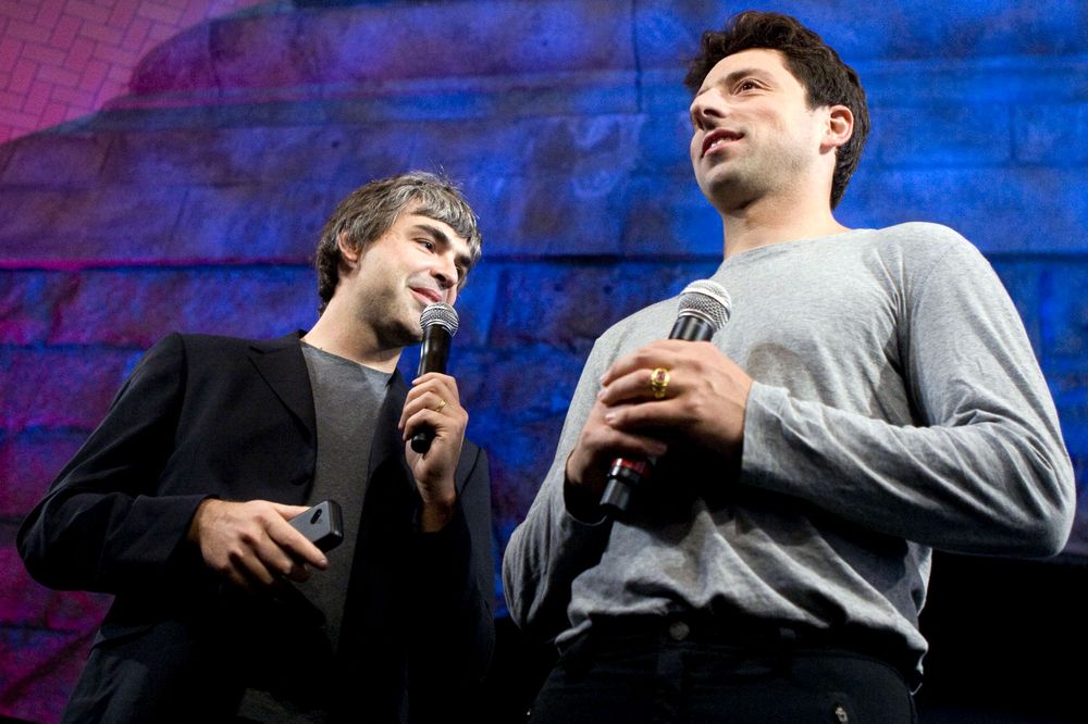 Larry Page, left, and Sergey BrinÂ speak during an unveiling event in New York in 2008.