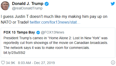 被加拿大电视台删客串镜头 特朗普这样讽刺特鲁多