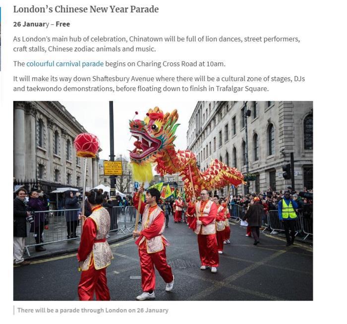 英国伦敦将于1月26日举行舞龙舞狮的街头表演。来源：英国metro都市地铁报纸网站报道截图