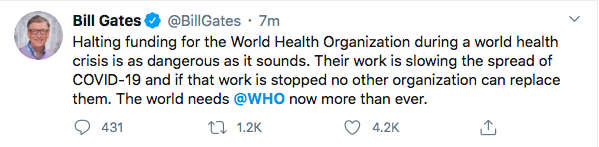 特朗普宣布“断供”世卫 比尔·盖茨：这很危险