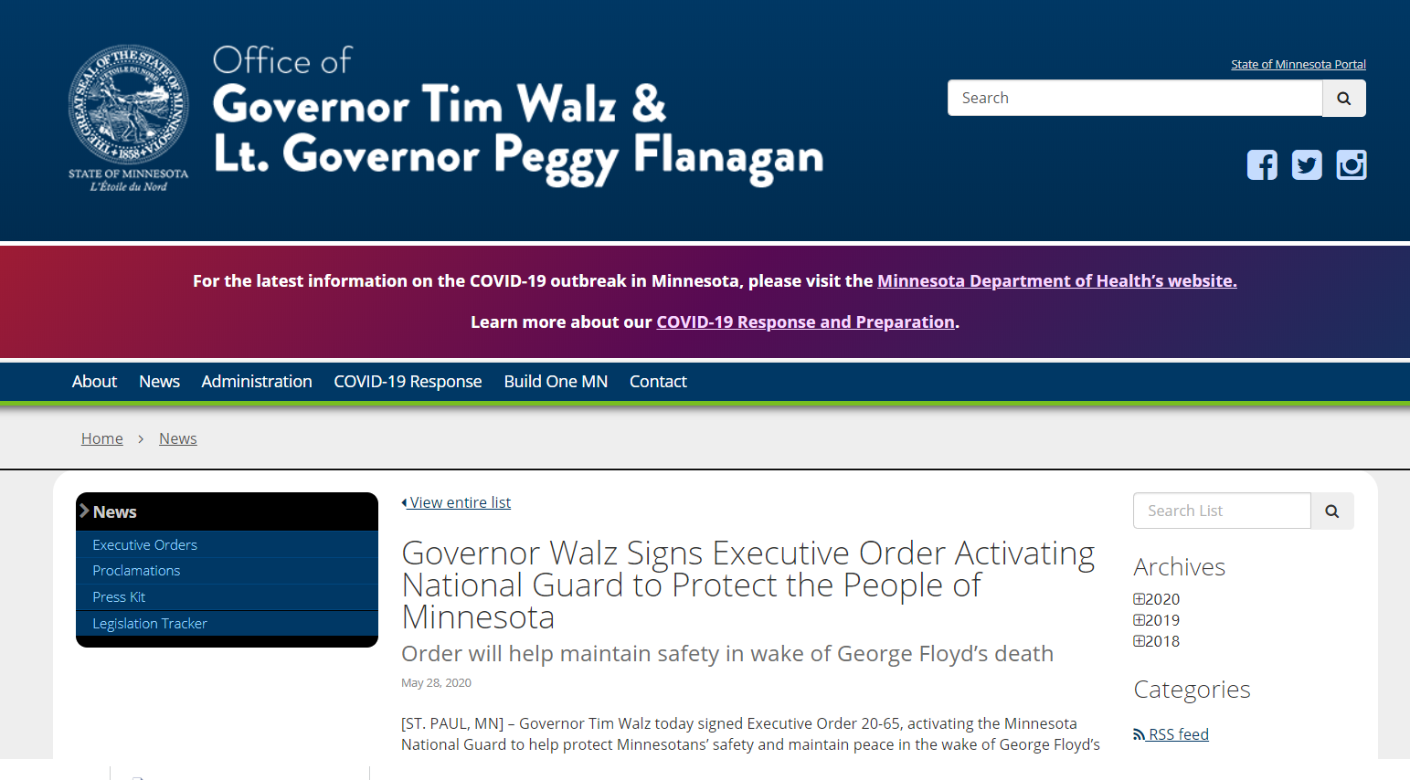 明尼苏达州长签署行政命令：出动国民警卫队控