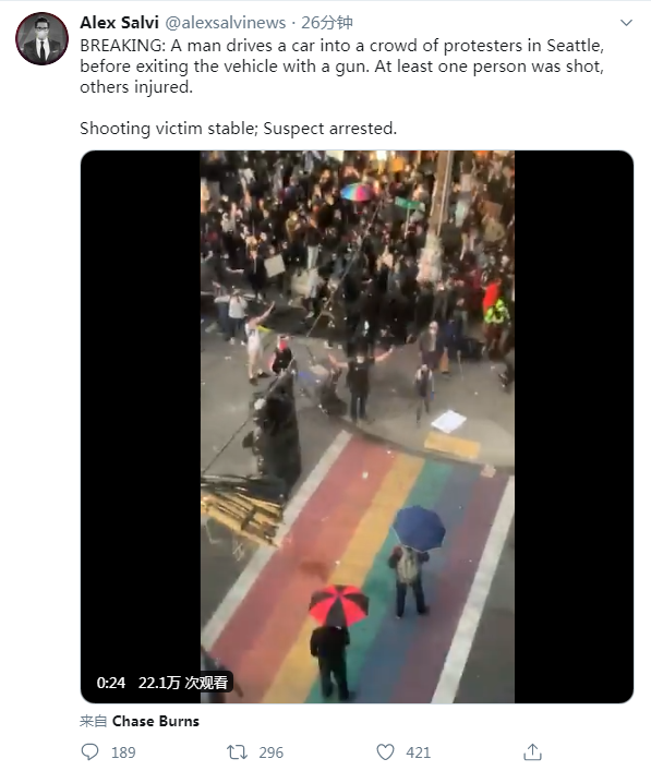 美国男子驾车闯入抗议现场并开枪 致1人受伤