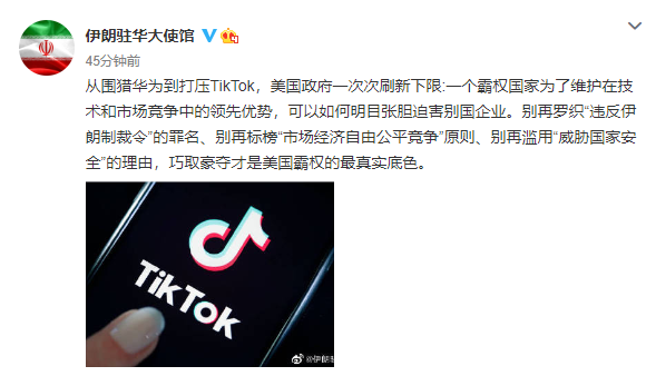 美国围猎TikTok 伊朗驻华大使馆斥：迫害企业、巧