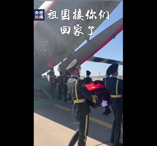 回家！在韩志愿军烈士遗骸棺椁覆盖国旗 礼兵托起棺椁登上专机