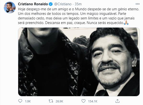 C罗发文告别马拉多纳：你永远不会被遗忘