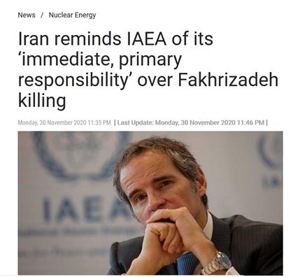 伊朗新闻电视台（Press TV）：伊朗提醒国际原子能机构，该组织对法克里扎德被杀负有“直接的、首要的责任”。图中人物为国际原子能机构总干事拉斐尔•格罗西