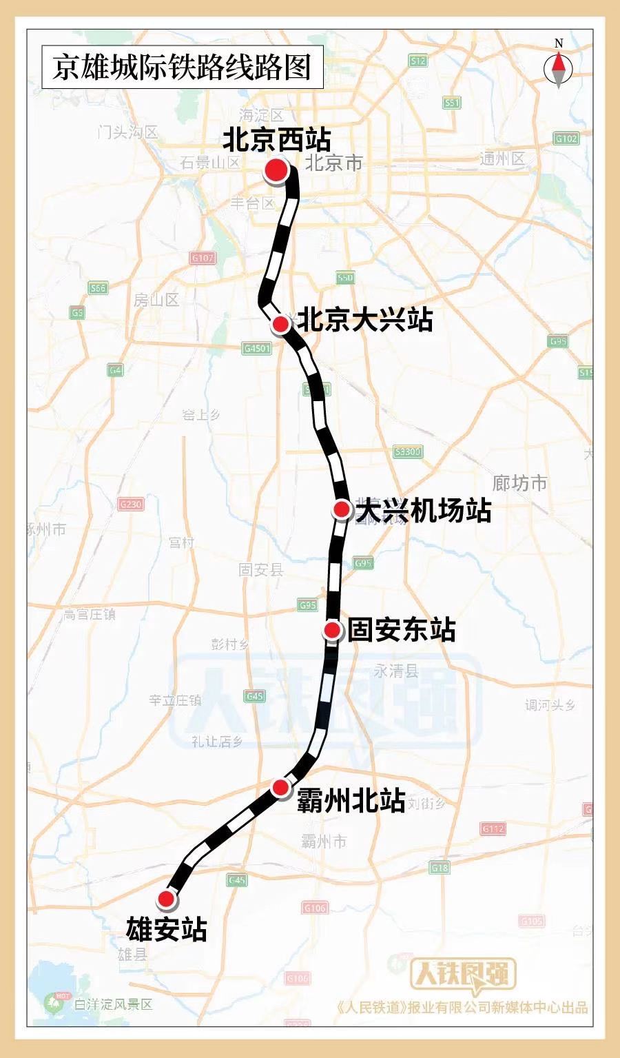 向南途经北京大兴区,河北省廊坊市,霸州市至雄安新区,线路全长91公里