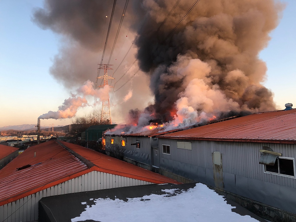 韩国一家具厂失火 现场升起滚滚浓烟