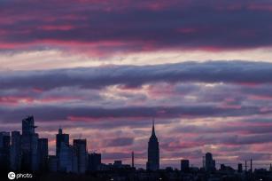 美国纽约日出 空中现壮丽云朵景观
