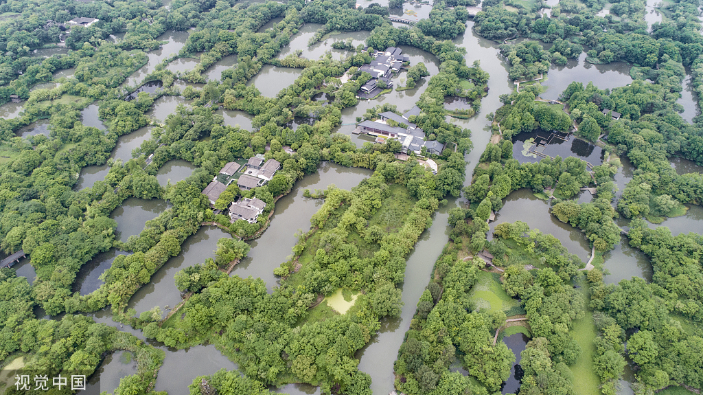 杭州：航拍西溪国家湿地公园 树木郁郁葱葱成景