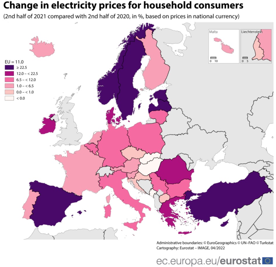 欧盟家庭消费者的电价变化，颜色越深，代表涨幅越大（图中所示为2021年下半年相较于2020年下半年的同比涨幅，基于各国货币价格。）图片来源：欧盟统计局