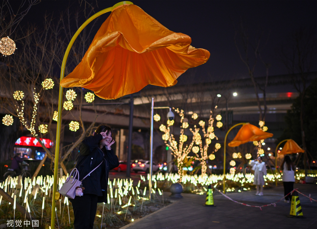 成都街头现开花路灯 “花朵”随行人走近绽放