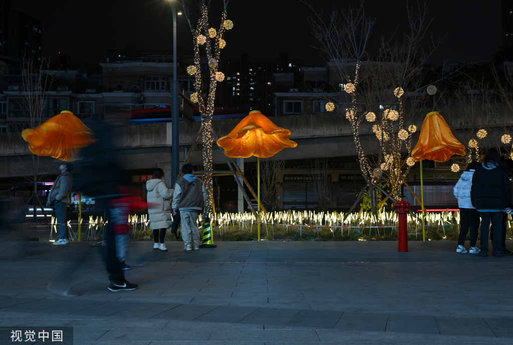 成都街头现开花路灯 “花朵”随行人走近绽放