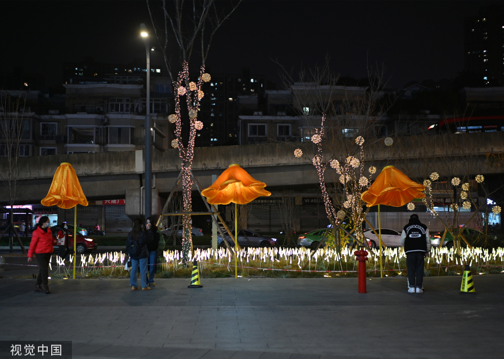 成都街头现开花路灯 “花朵”随行人走近绽放