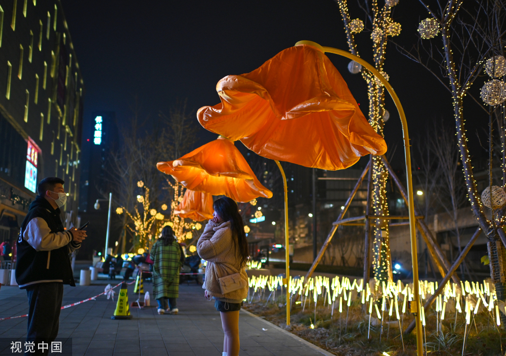 成都街头现开花路灯 “花朵”随行人走近绽放