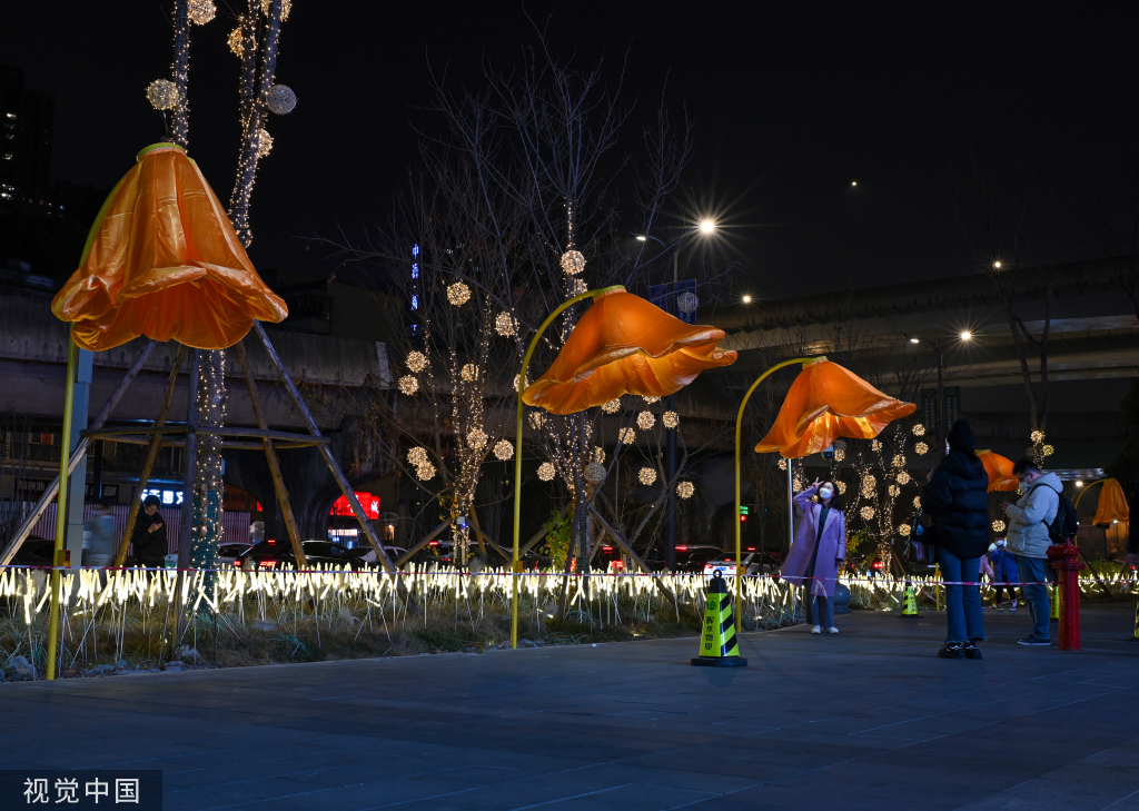 成都街头现开花路灯 “花朵”随行人走近绽放