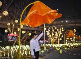 成都街头现开花路灯 “花朵”随行人走近绽放