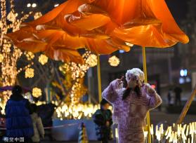 成都街头现开花路灯 “花朵”随行人走近绽放