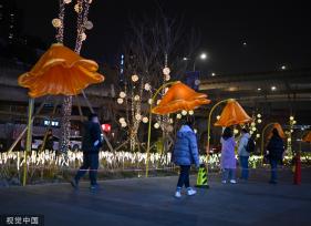成都街头现开花路灯 “花朵”随行人走近绽放