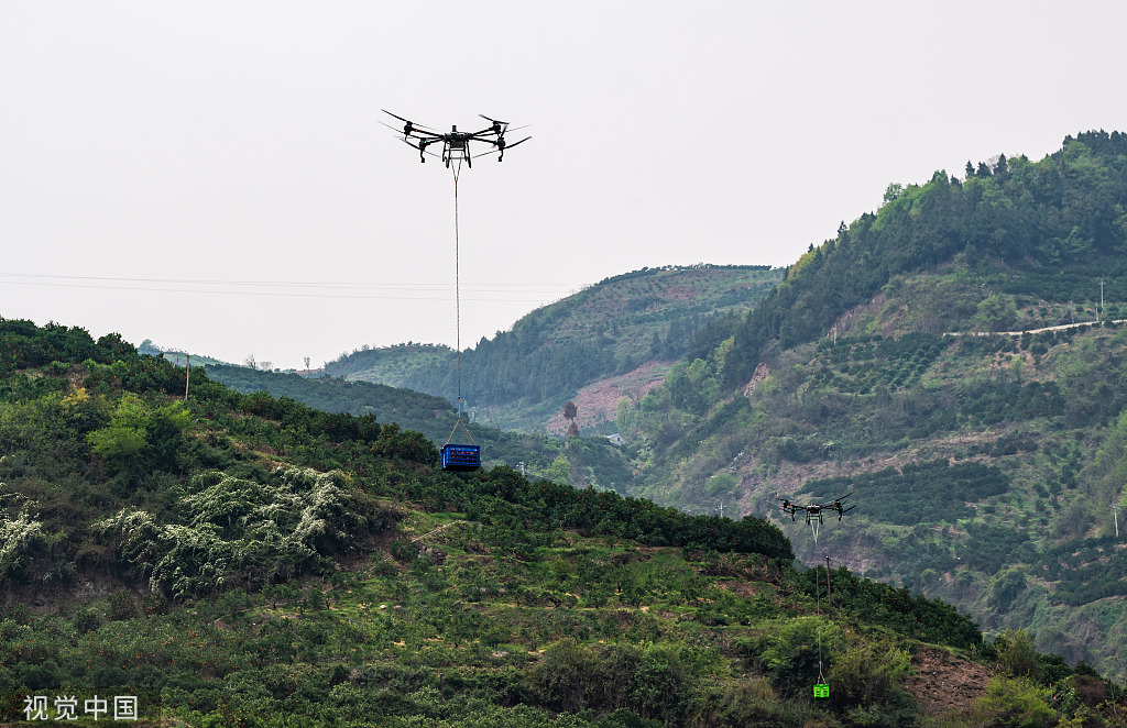 湖北秭归：果农使用无人机转运脐橙