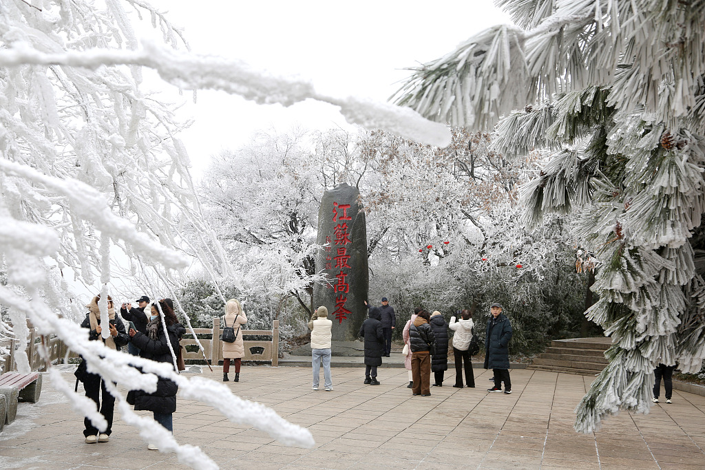 花果山迎来入冬首场雾淞 树木枝头晶莹剔透