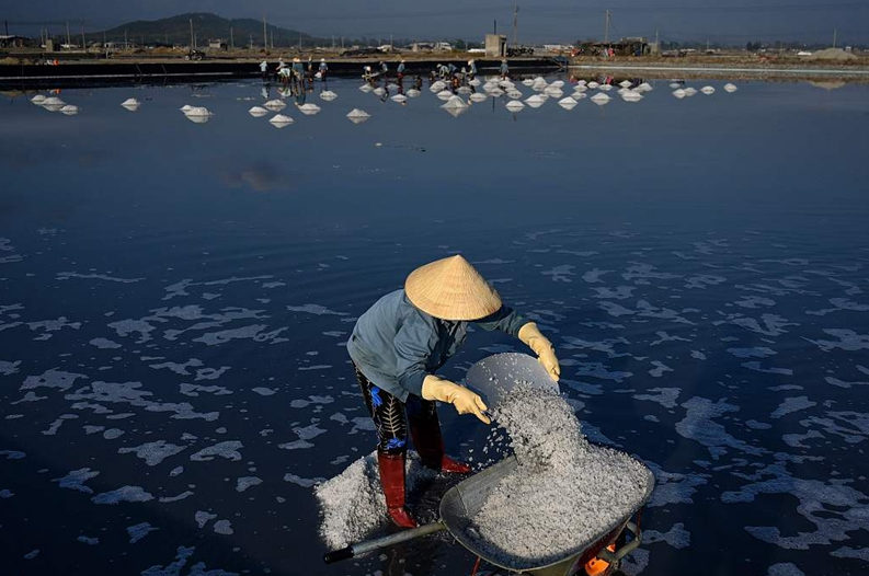 越南鹽農朝出暮歸古法海水曬鹽祈求大豐收圖