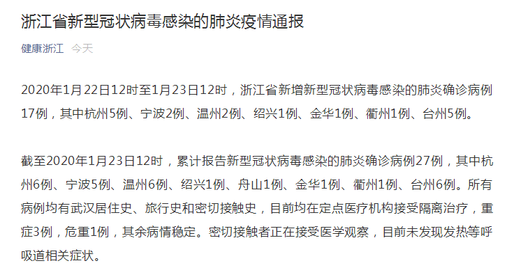 浙江省新型冠状病毒感染的肺炎疫情最新通报:2020年1月22日12时至1月