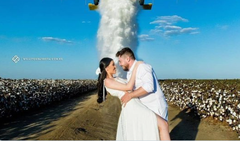 巴西新人拍创意婚纱照：喷水飞机飞过 两人浑身湿透