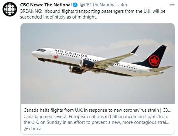 加拿大宣布无限期禁止来自英国航班入境