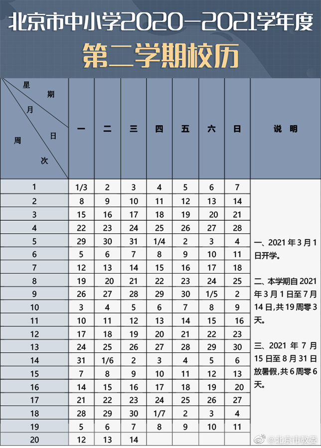 3月1日开学2021年北京中小学春季学期有多长校历来了