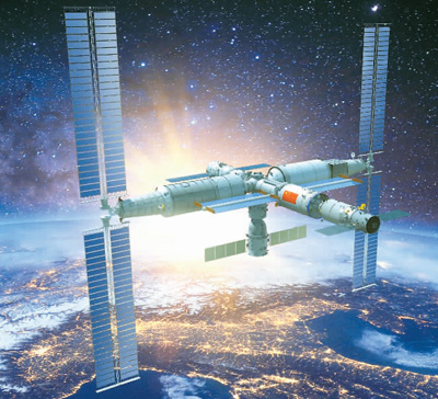 中国空间站在轨运行效果图。