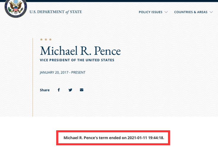 美国务院官网将特朗普任期结束时间改为1月11日 部分细节曝光