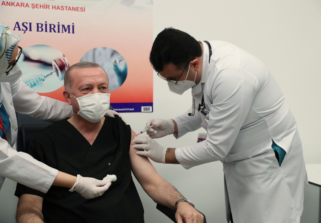 资料图：土耳其总统埃尔多安接种中国新冠疫苗。