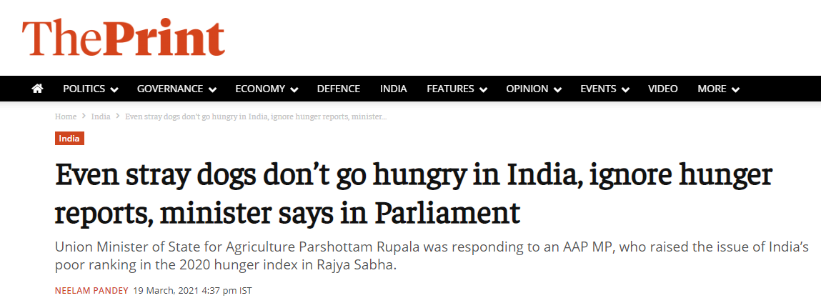 “全球饥饿指数”排名靠后 印部长忙否认：印度流浪狗都不至于挨饿