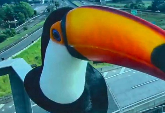 巴西两只巨嘴鸟试图吞下交通摄像头 搞笑一幕被拍下