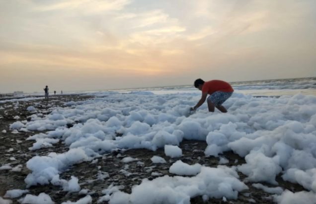 墨西哥海滩浮现大量白色泡沫（社交媒体图）