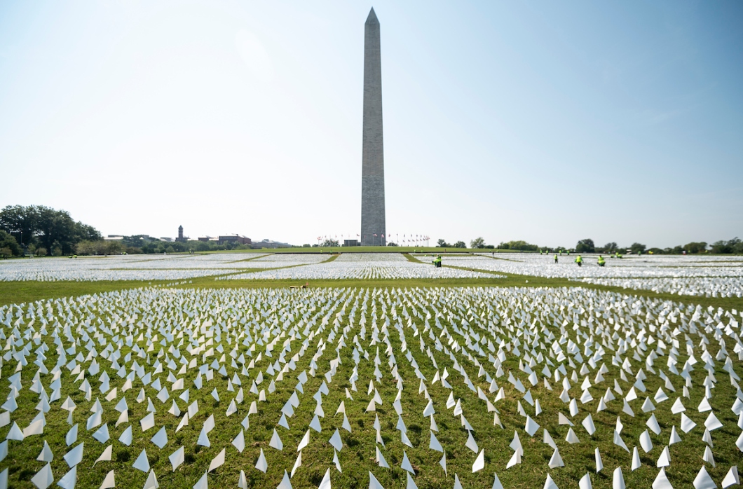 现场！华盛顿竖66万面白旗纪念新冠死者 阳光下异常刺眼