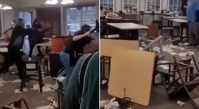 美国一餐厅发生大规模群殴：有人取牛排插队 40人扔椅子撕打