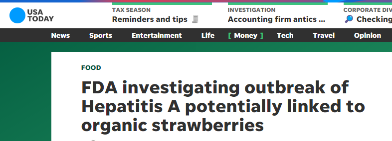 美国多州暴发甲肝疫情，或与有机草莓有关，美食药监局及美疾控中心均介入调查。（美媒报道截图）