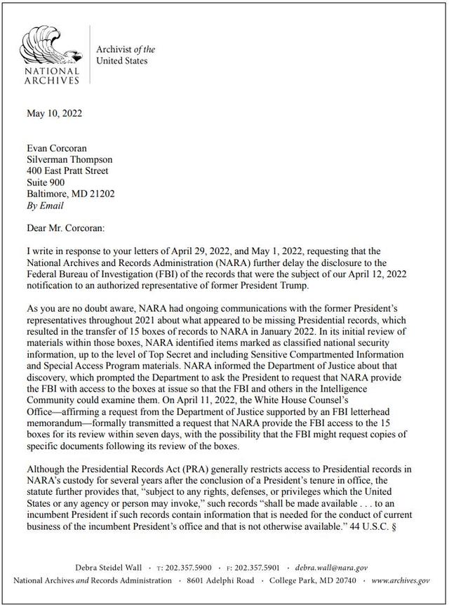 美国国家档案馆今年5月致特朗普律师的信函。