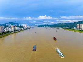 广西梧州：西江水上货运船舶往返穿梭