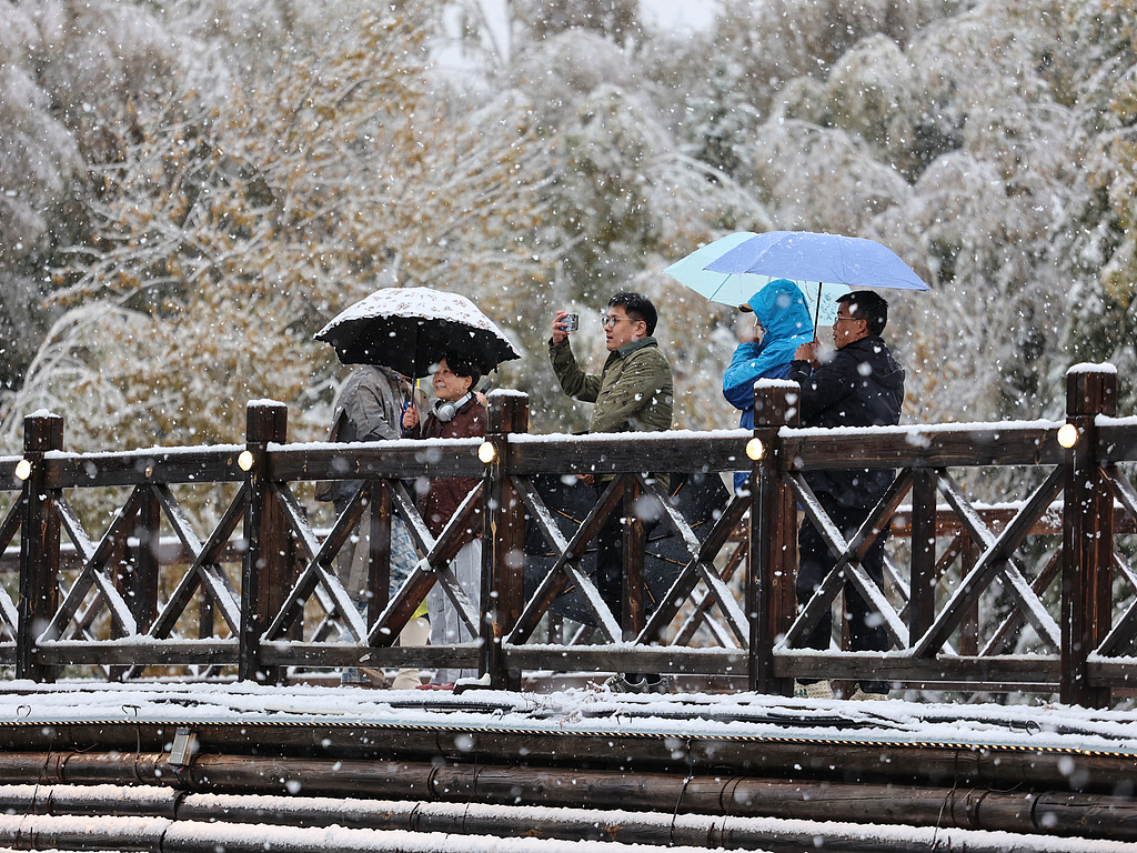 新疆阿勒泰迎来降雪天气 游客纷纷前来打卡