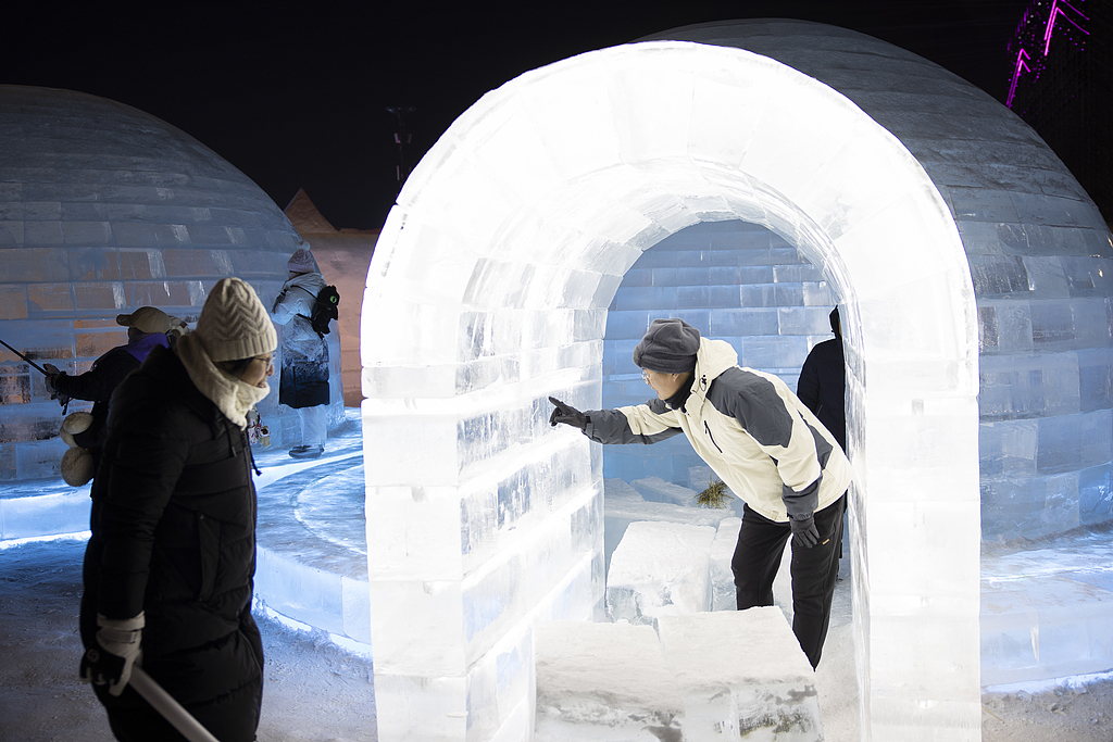 游客在哈尔滨体验冰雪乐趣