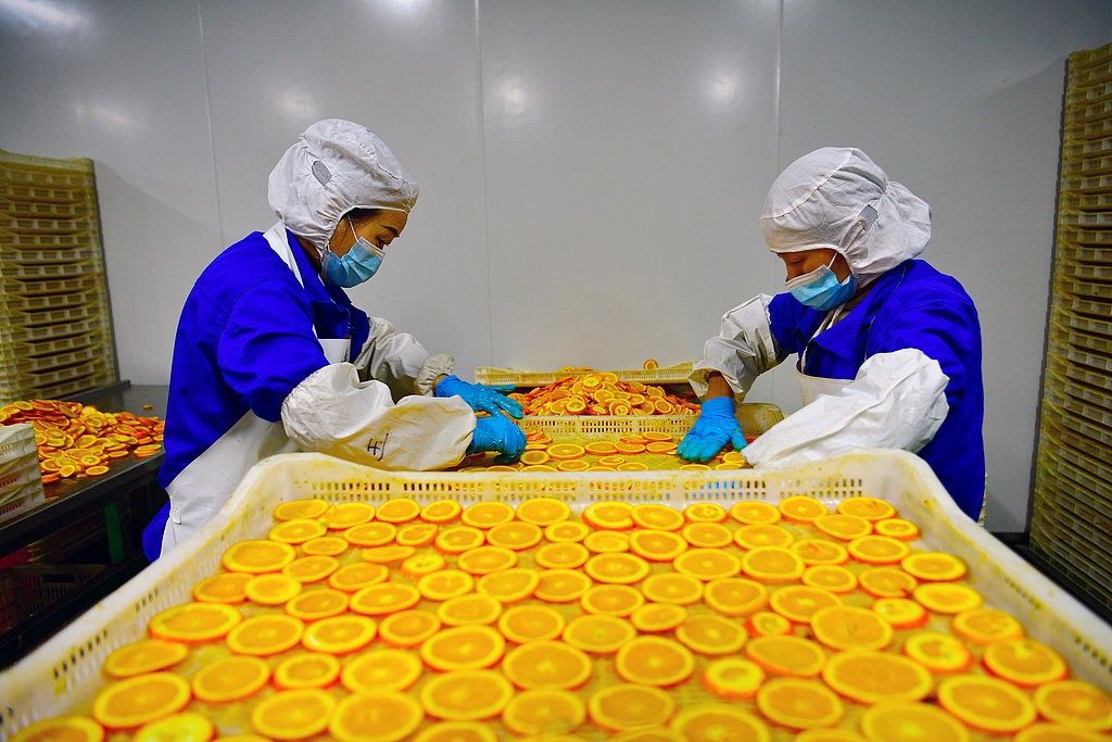 湖北秭归：食品工人精深加工脐橙